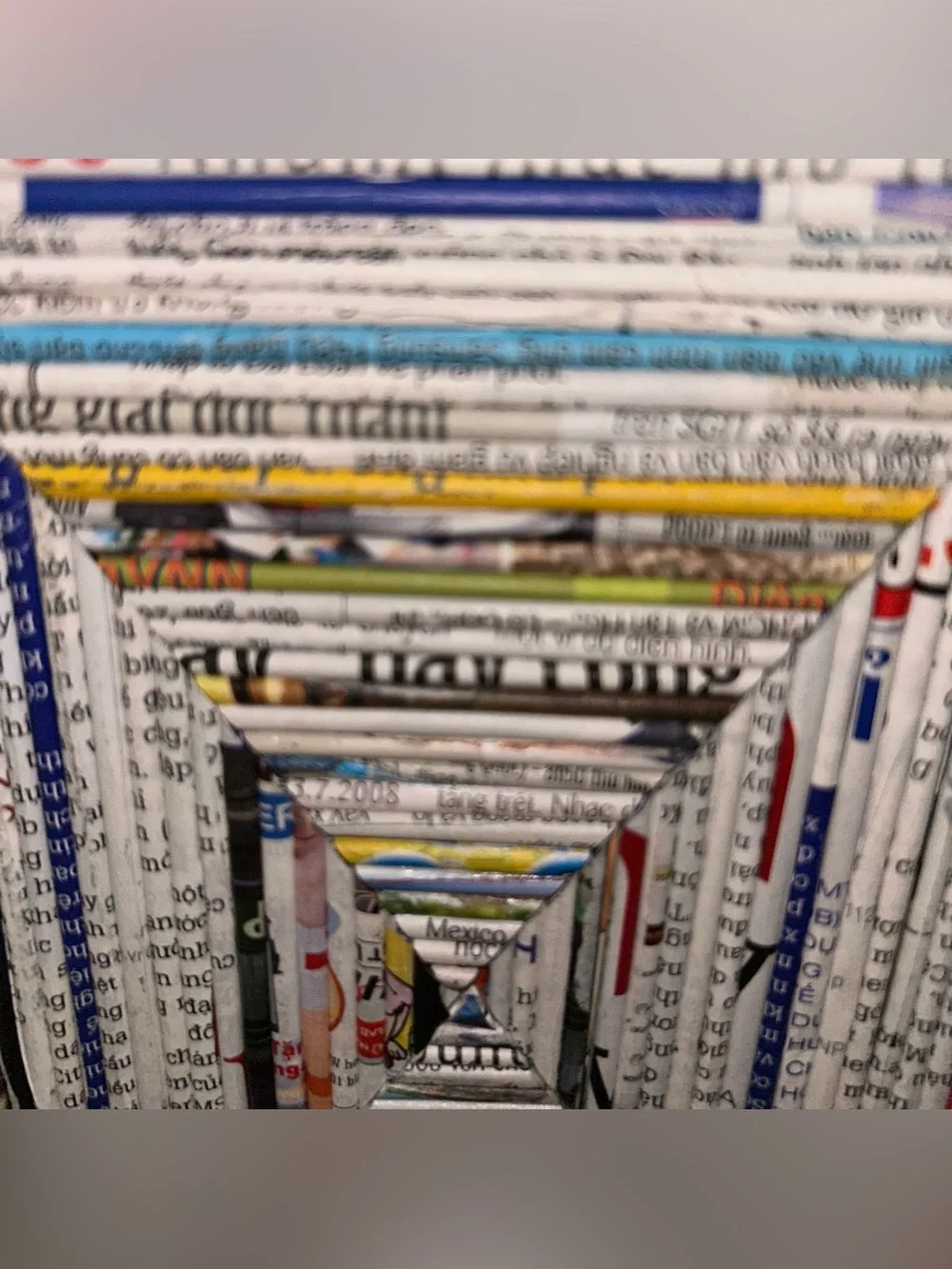 2 Recycled Newspaper Magazine Baskets Storage Bins Eco Friendly Folk Art